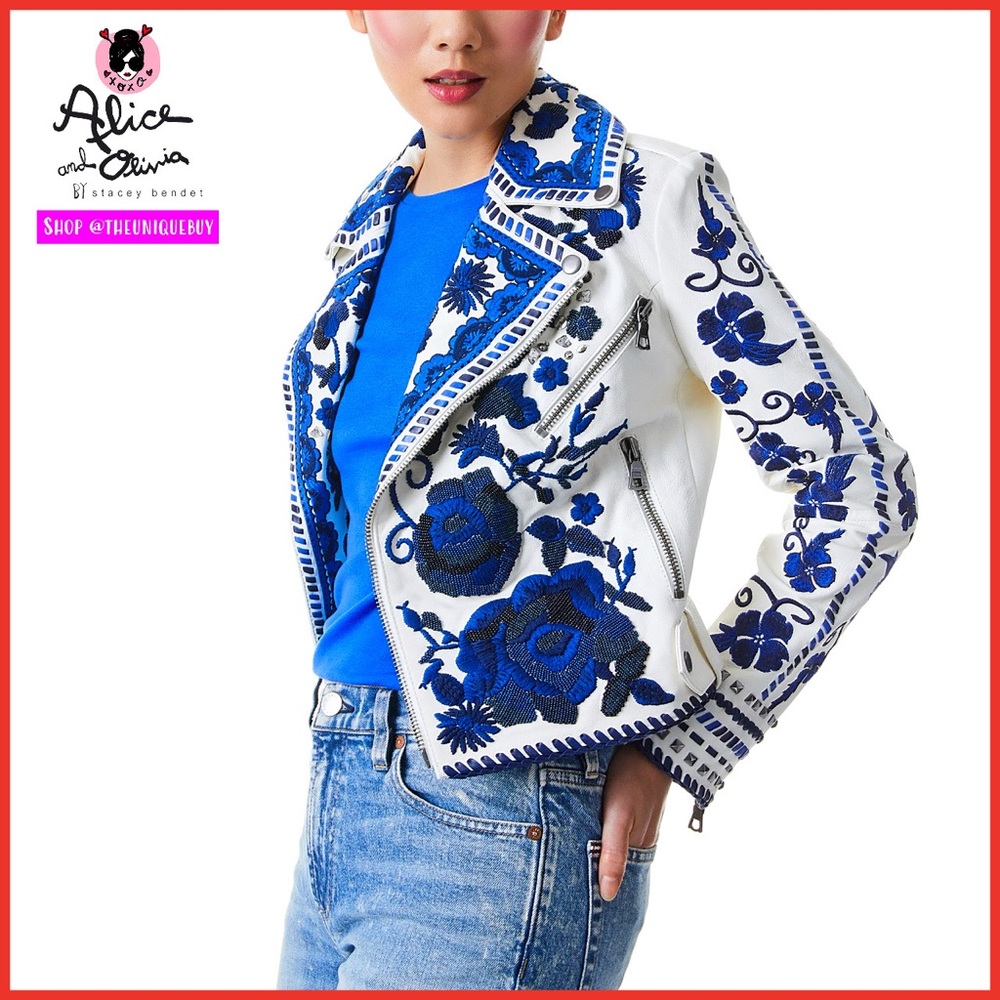 Alice + Olivia Cody Embroidered Floral Studded Embellished Leather Moto Jacket - Picture 8 of 17